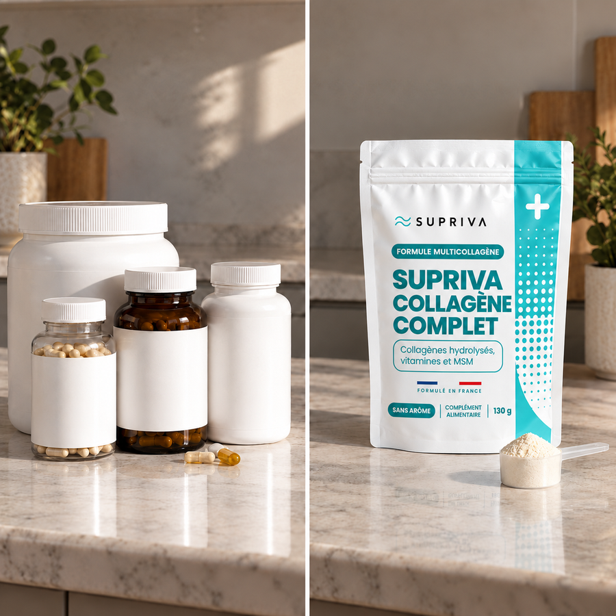 Quatre flacons et un pot, ou un sachet et une dose